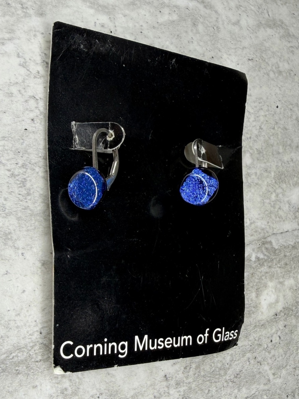 CORNING MUSEUM OF GLASS Blue Glass Dangle Lever Back Earrings New on card